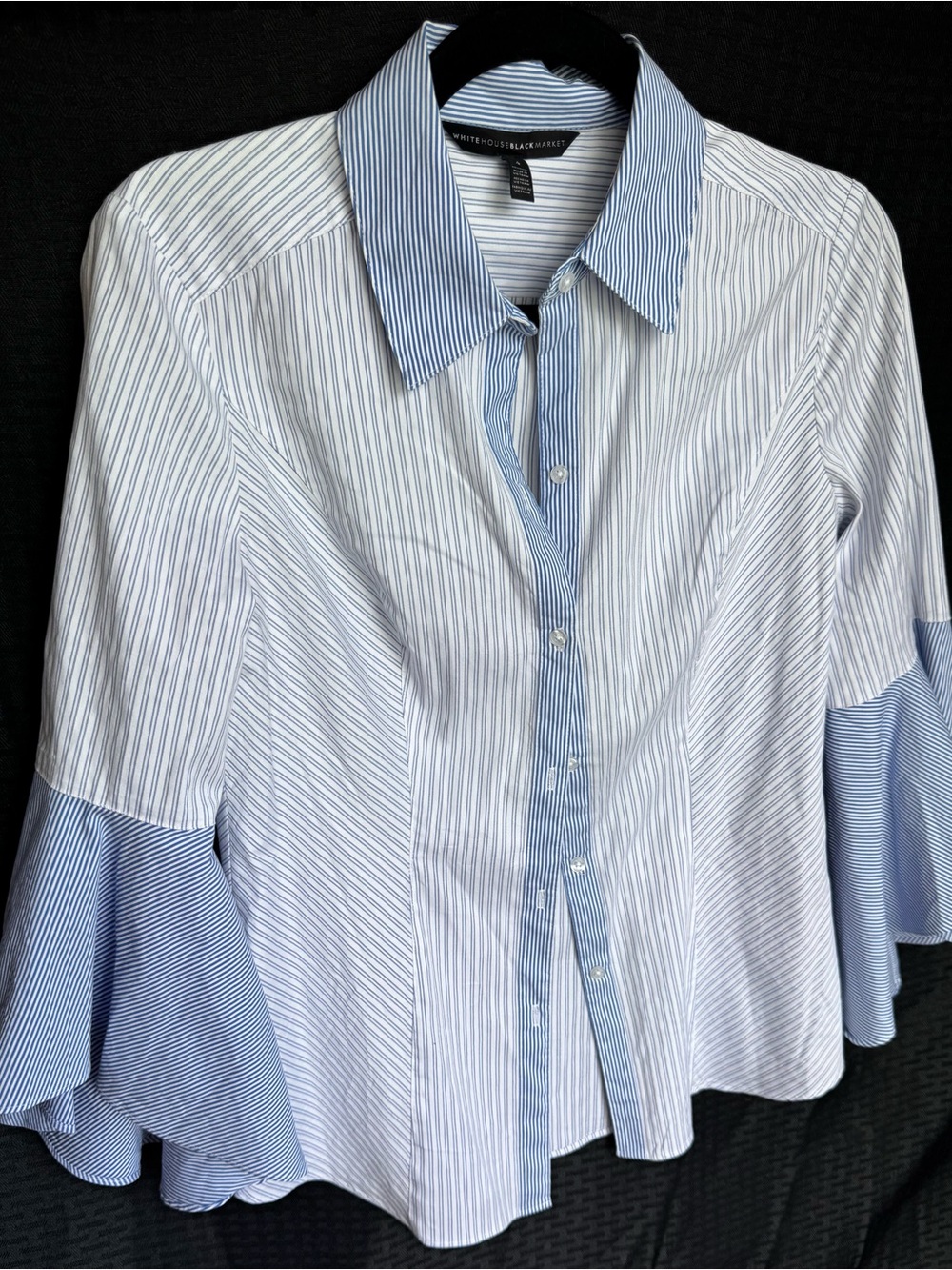 White House Black Market Light Blue & White Striped Ruffle-Sleeve Button Shirt